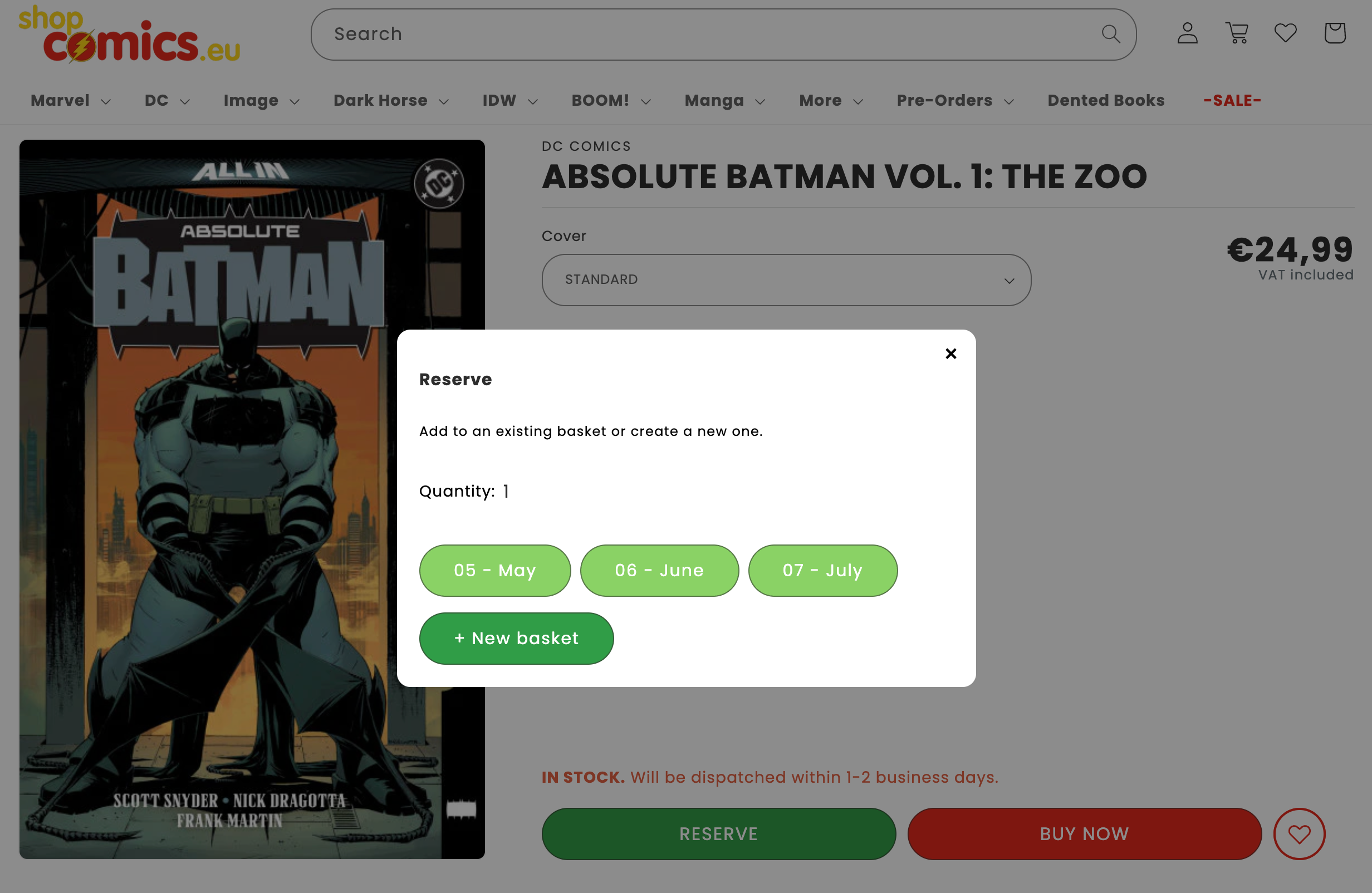Reserve modal showing quantity, existing baskets, and the new basket name field.