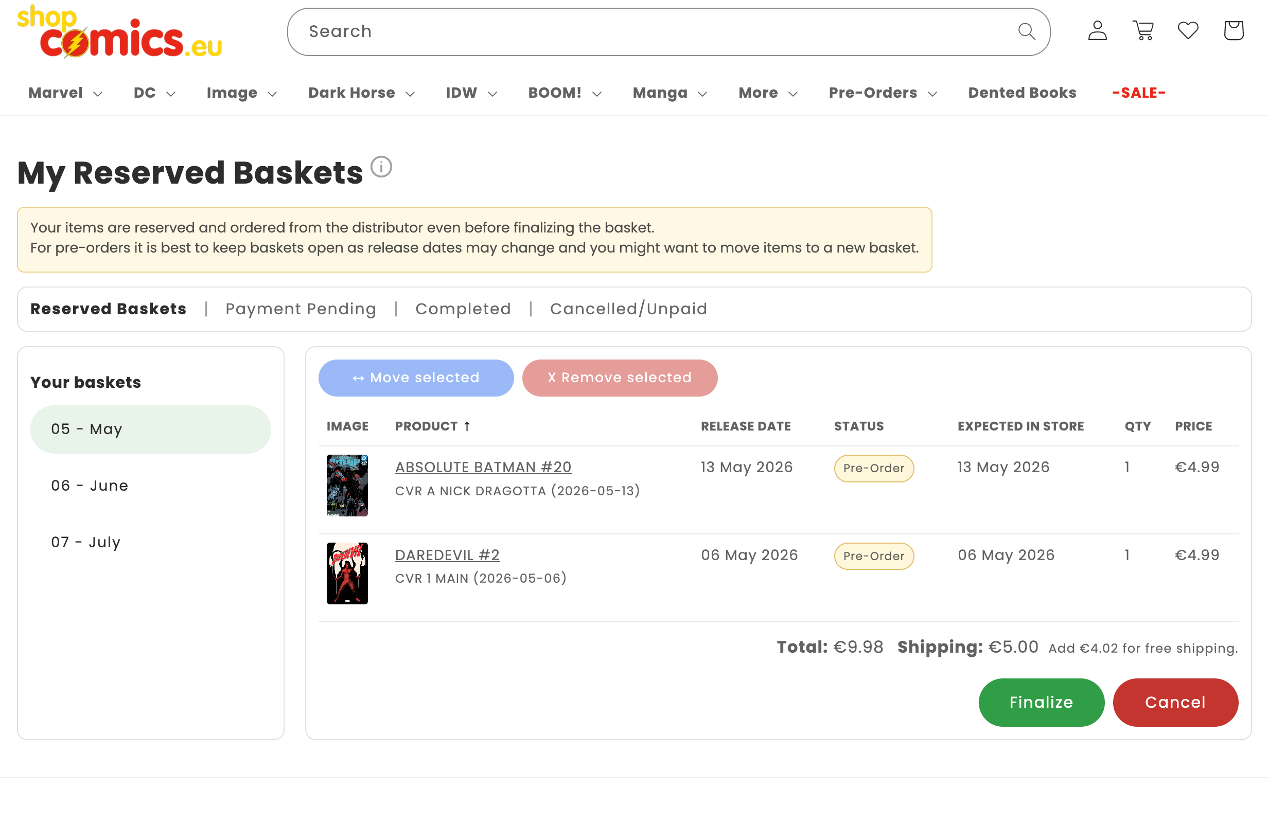 My Reserved Baskets page with the basket list on the left and product details on the right.