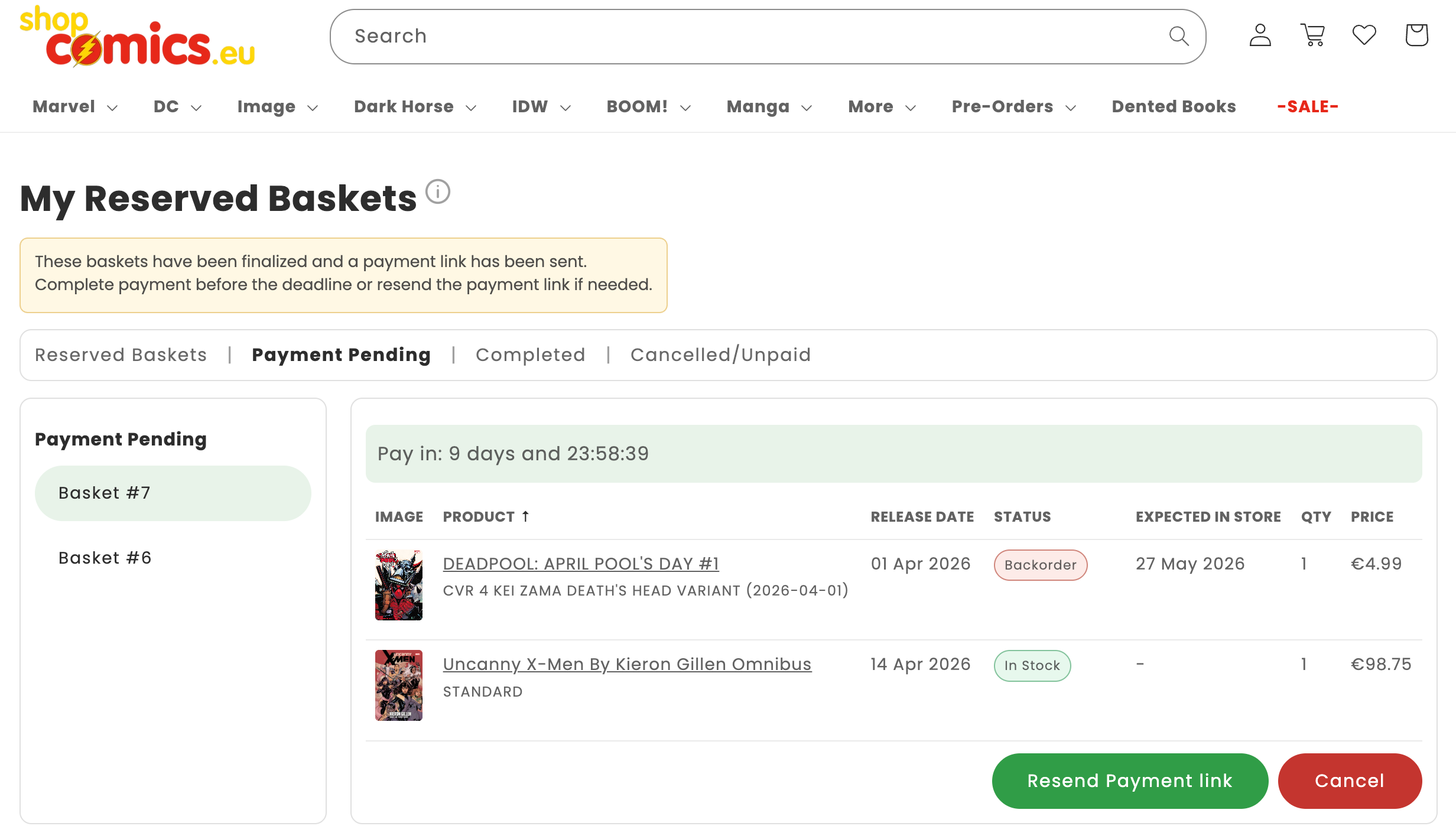 Payment Pending tab with Resend Payment link and pending basket details.